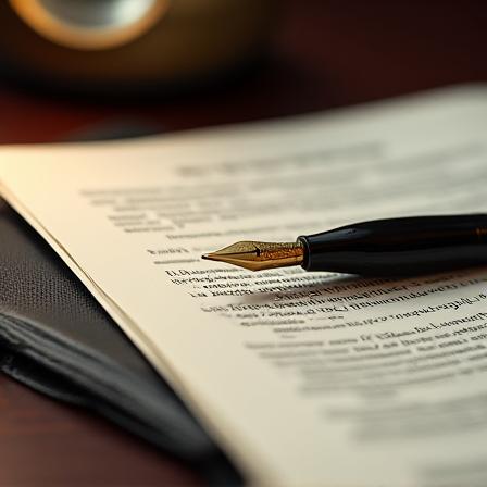 Documenti legali e lente d'ingrandimento su una scrivania in marmo