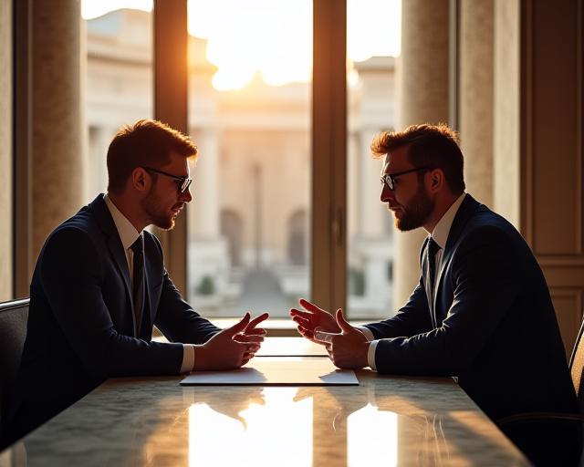 Due professionisti in una sala riunioni moderna che discutono una strategia di risoluzione controversie legale